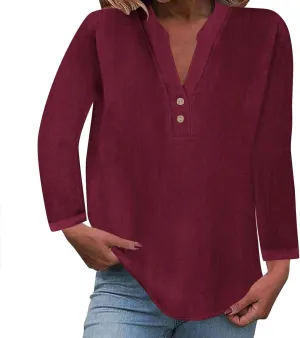 Going Out Tops for Women V Neck Long Sleeve Top Button Down Plain Blouses Cotton Loose Fit Shirts Womens Fashion