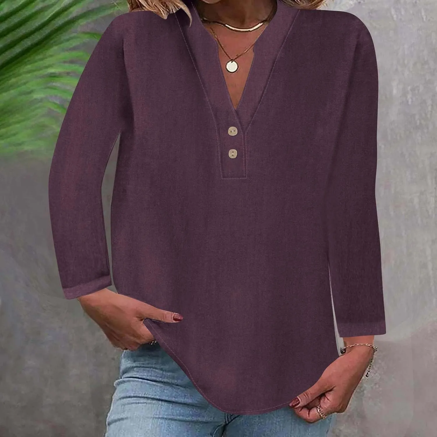 Going Out Tops for Women V Neck Long Sleeve Top Button Down Plain Blouses Cotton Loose Fit Shirts Womens Fashion