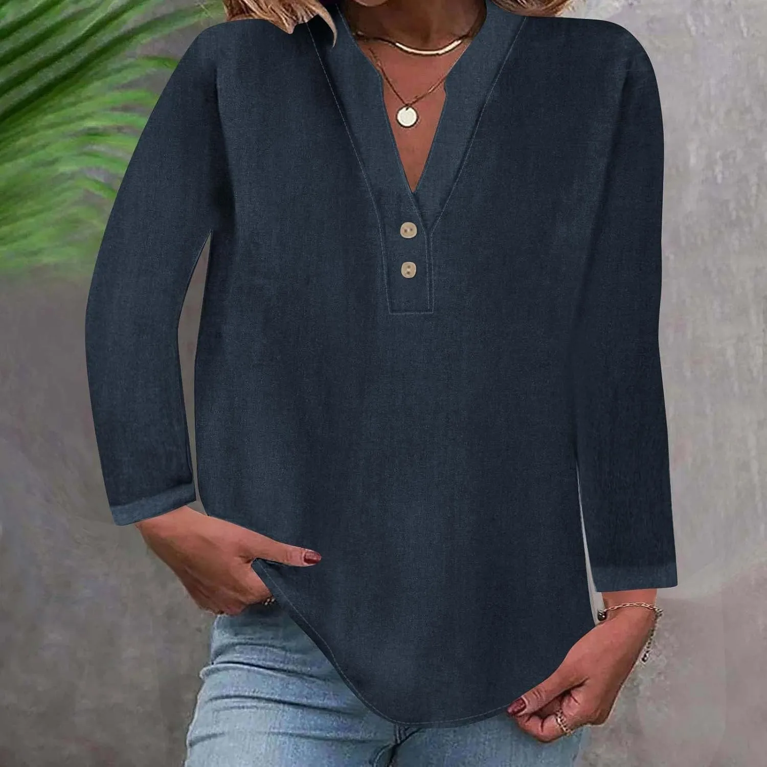 Going Out Tops for Women V Neck Long Sleeve Top Button Down Plain Blouses Cotton Loose Fit Shirts Womens Fashion