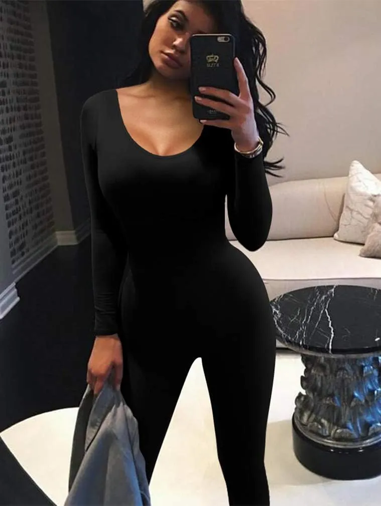 GOKATOSAU Women's Sexy Long Sleeve Bodycon Solid Outfits Club Rompers Jumpsuits