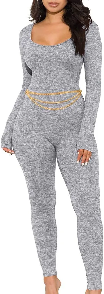 GOKATOSAU Women's Sexy Long Sleeve Bodycon Solid Outfits Club Rompers Jumpsuits