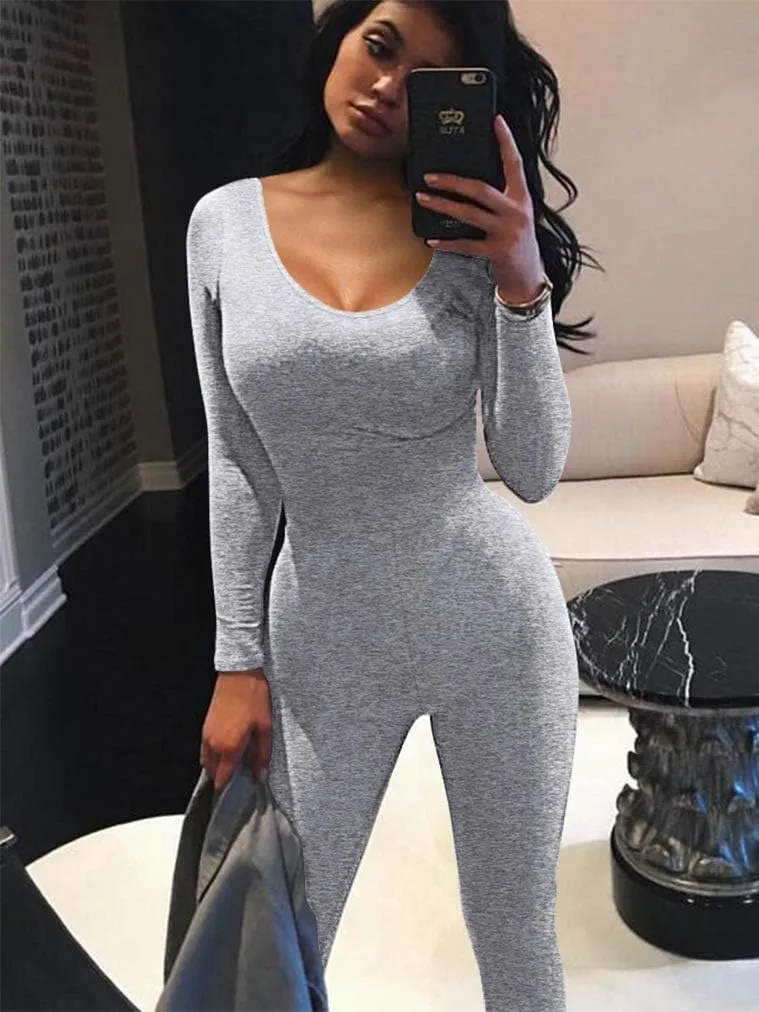 GOKATOSAU Women's Sexy Long Sleeve Bodycon Solid Outfits Club Rompers Jumpsuits