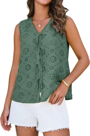 GRACE KARIN Women's Summer Tops Dressy Casual Sleeveless V Neck Bow Tie Hollow Out Lace Eyelet Tank Top Blouses Shirts