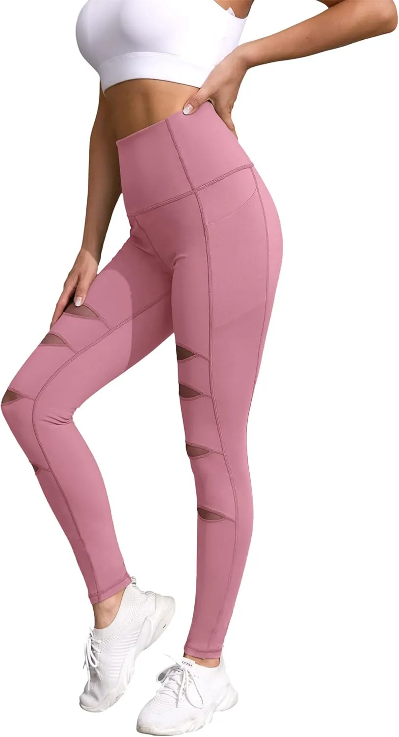 H HIAMIGOS Women's High Waist Ripped Gym Leggings with Phone Pocket Yoga Pants Workout Fitness Running Skinny Trousers