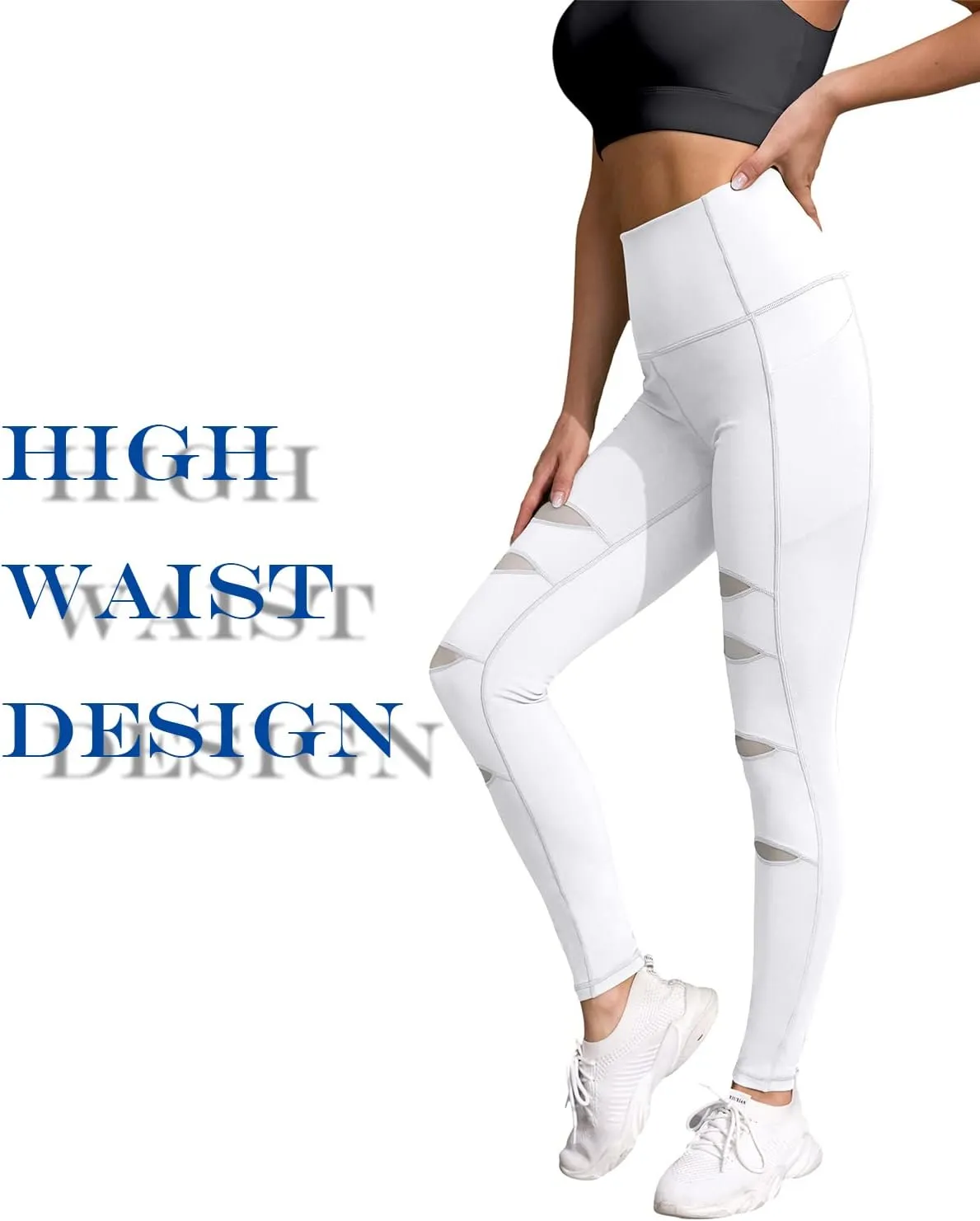 H HIAMIGOS Women's High Waist Ripped Gym Leggings with Phone Pocket Yoga Pants Workout Fitness Running Skinny Trousers