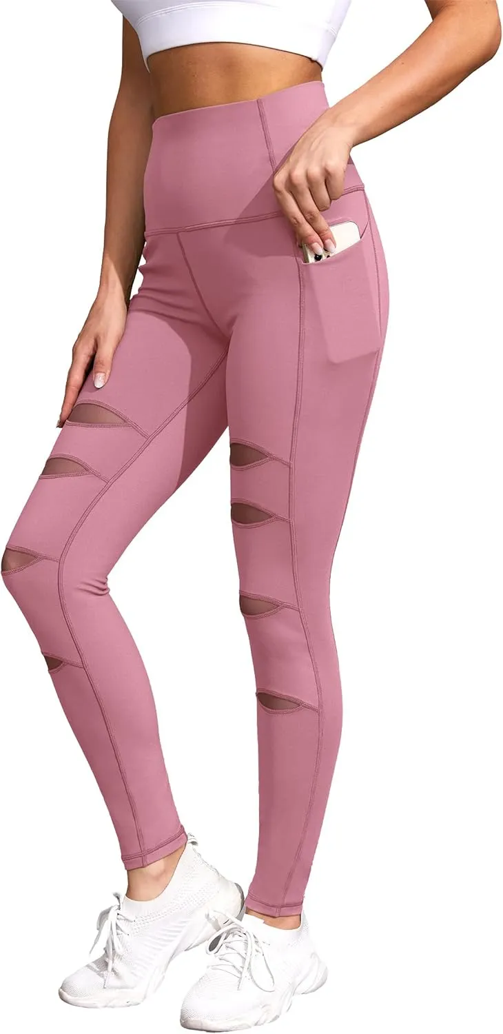 H HIAMIGOS Women's High Waist Ripped Gym Leggings with Phone Pocket Yoga Pants Workout Fitness Running Skinny Trousers