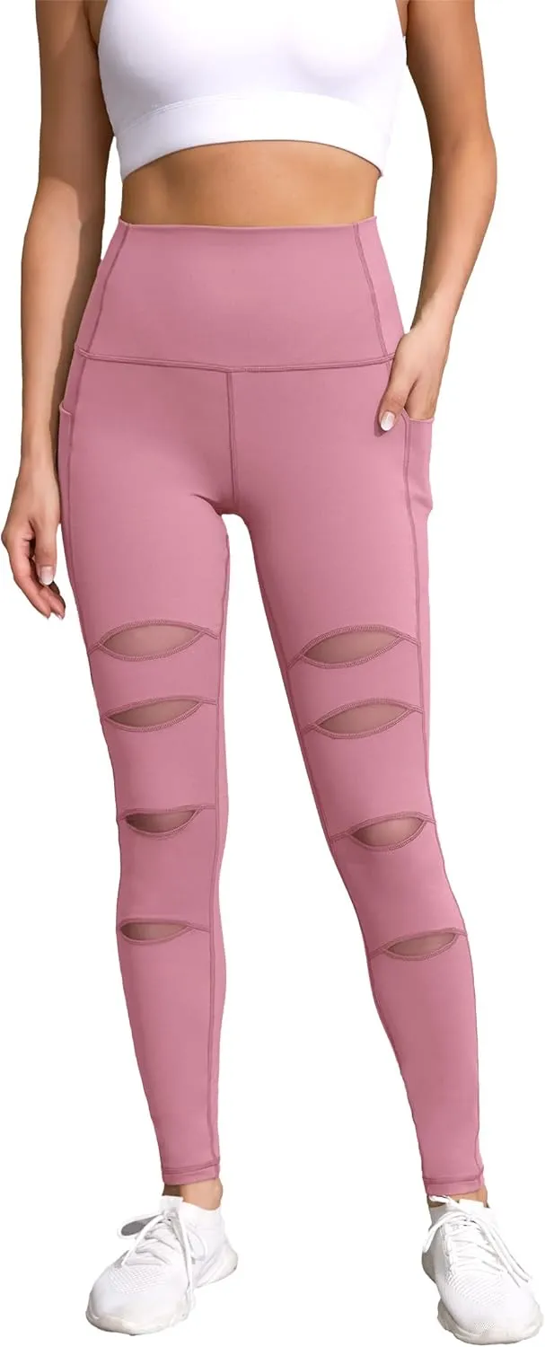 H HIAMIGOS Women's High Waist Ripped Gym Leggings with Phone Pocket Yoga Pants Workout Fitness Running Skinny Trousers