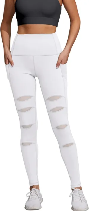 H HIAMIGOS Women's High Waist Ripped Gym Leggings with Phone Pocket Yoga Pants Workout Fitness Running Skinny Trousers