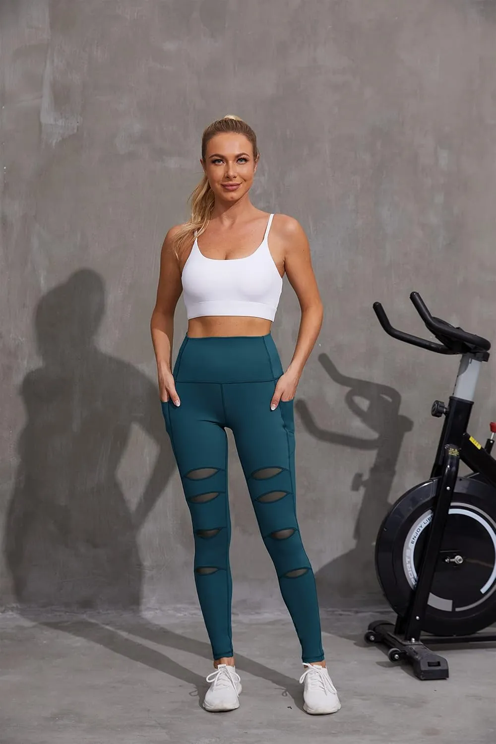 H HIAMIGOS Women's High Waist Ripped Gym Leggings with Phone Pocket Yoga Pants Workout Fitness Running Skinny Trousers