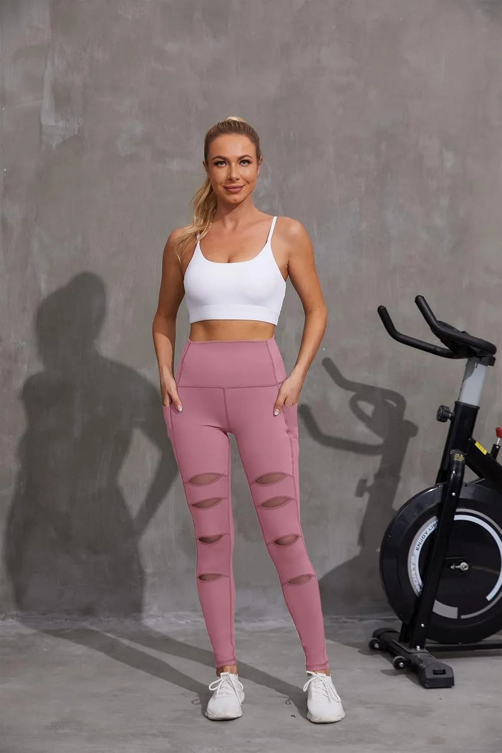 H HIAMIGOS Women's High Waist Ripped Gym Leggings with Phone Pocket Yoga Pants Workout Fitness Running Skinny Trousers