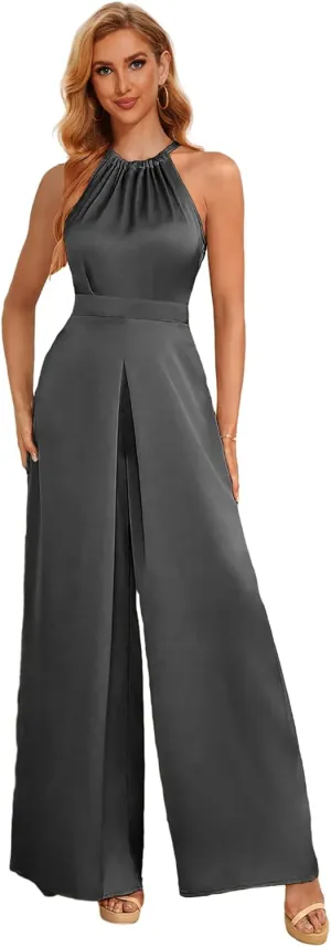 Halter Formal Jumpsuits for Women Satin Long Wide Leg Pants High Waist One Piece Outfits with Pockets Rompers