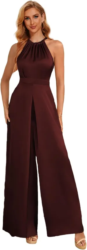 Halter Formal Jumpsuits for Women Satin Long Wide Leg Pants High Waist One Piece Outfits with Pockets Rompers