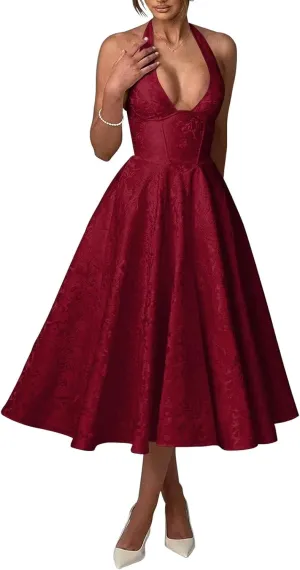 Halter Tea Length Prom Dresses Satin Jacquard Deep V-Neck A Line Midi Formal Evening Cocktail Gowns