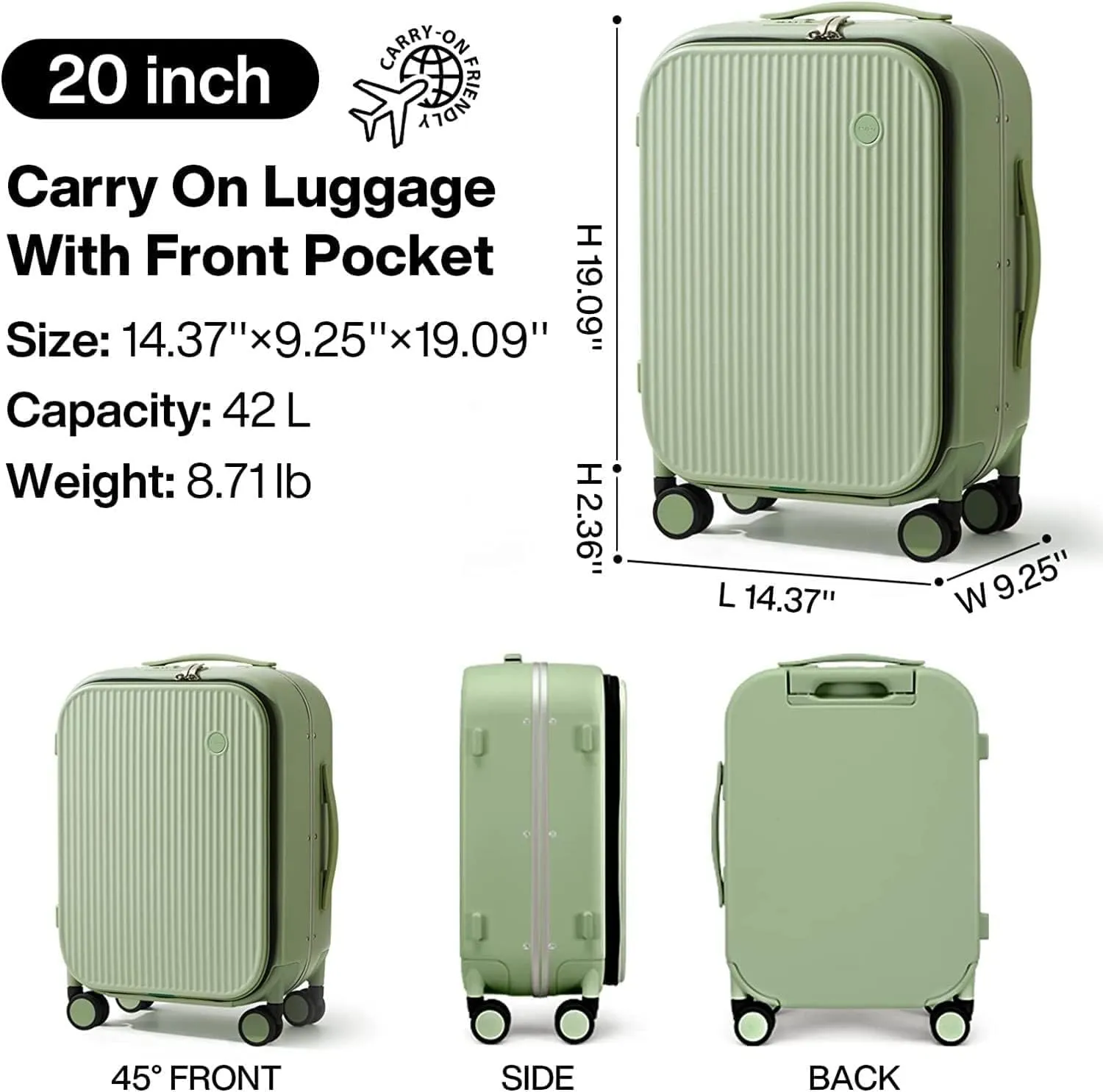 Hand Suitcase, Suitcase with Front Bag on Wheels, Portable Adjustable Wheeled Suitcase, Suitable for Travel and Business, blue, 20 inch