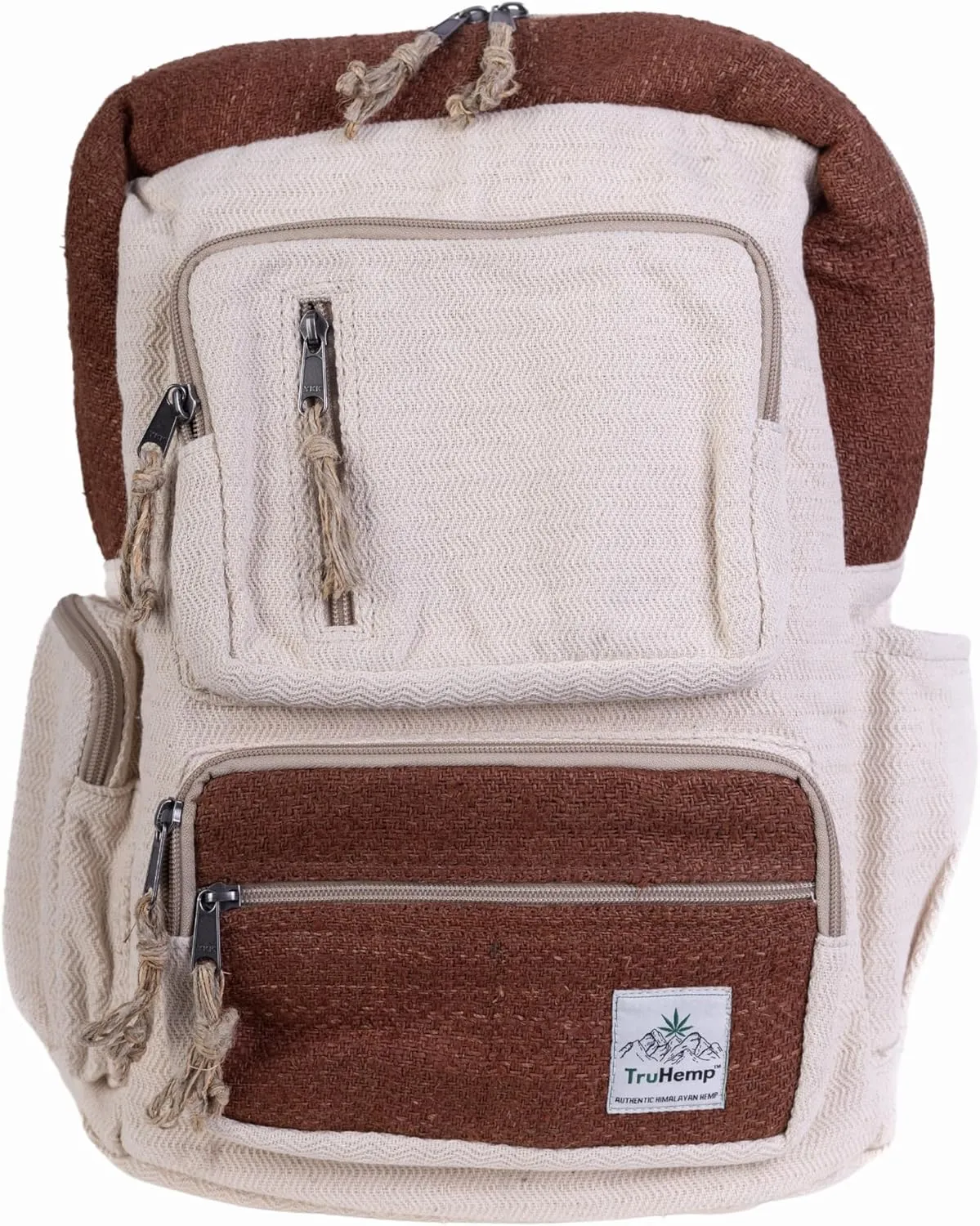 Handmade Multi-Pocket Hemp Backpack, Brown  Durable and Lightweight Travel Backpack with Adjustable Straps and Multiple Zipper Compartments