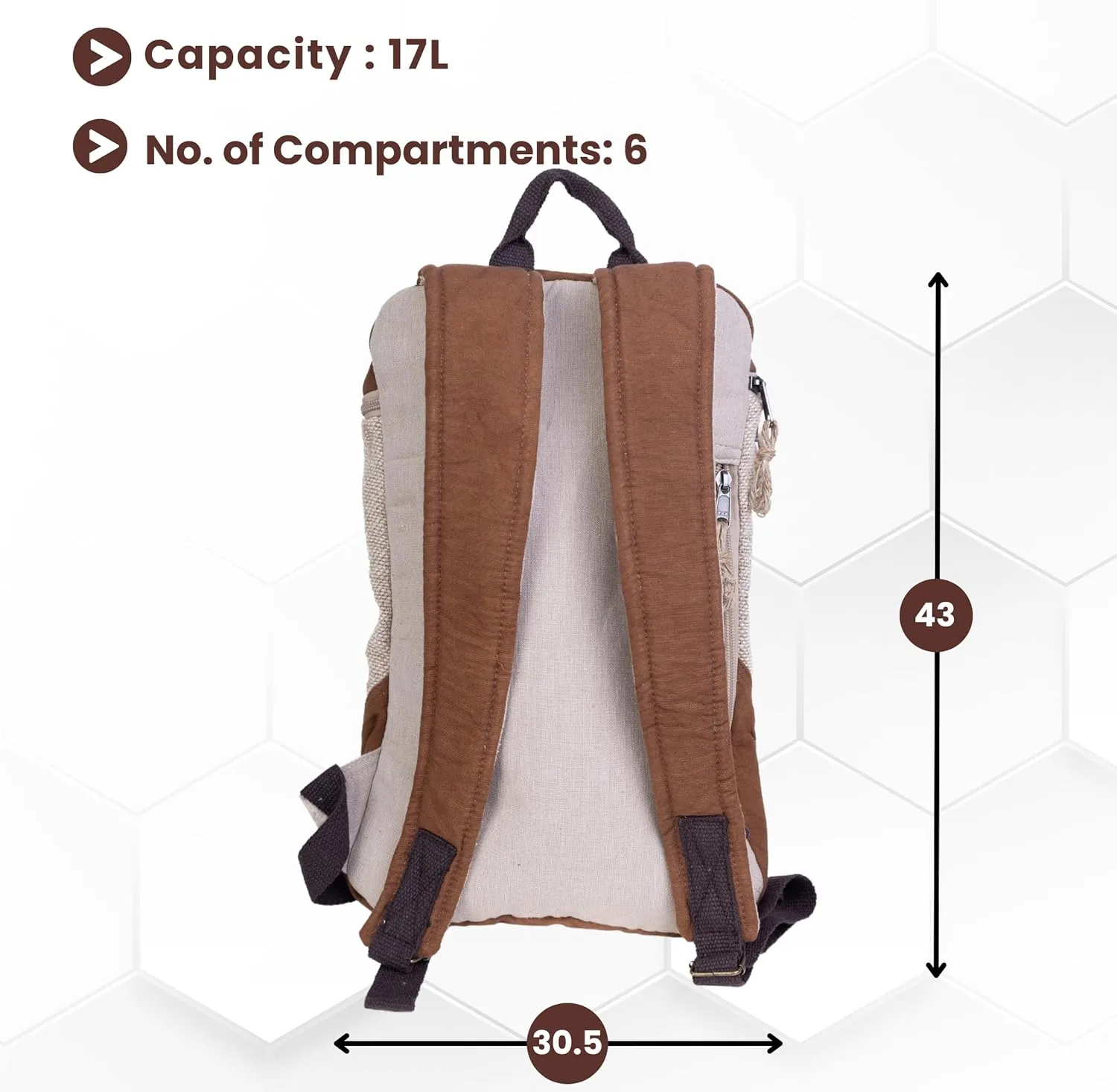 Handmade Multi-Pocket Hemp Backpack, Brown  Durable and Lightweight Travel Backpack with Adjustable Straps and Multiple Zipper Compartments