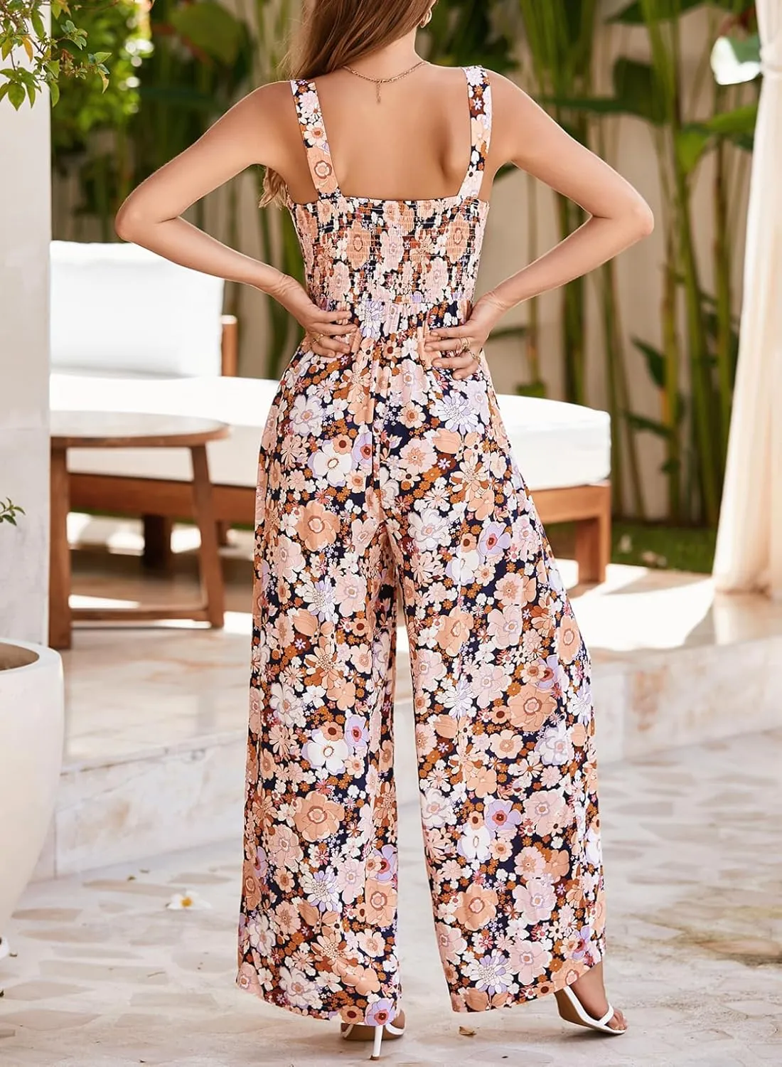 Happy Sailed Jumpsuits for Women Summer Casual Floral Print Sleeveless Jumpsuit High Waist Wide Leg Pants Romper with Pockets