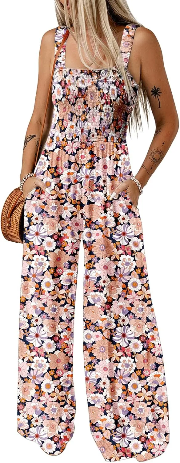Happy Sailed Jumpsuits for Women Summer Casual Floral Print Sleeveless Jumpsuit High Waist Wide Leg Pants Romper with Pockets