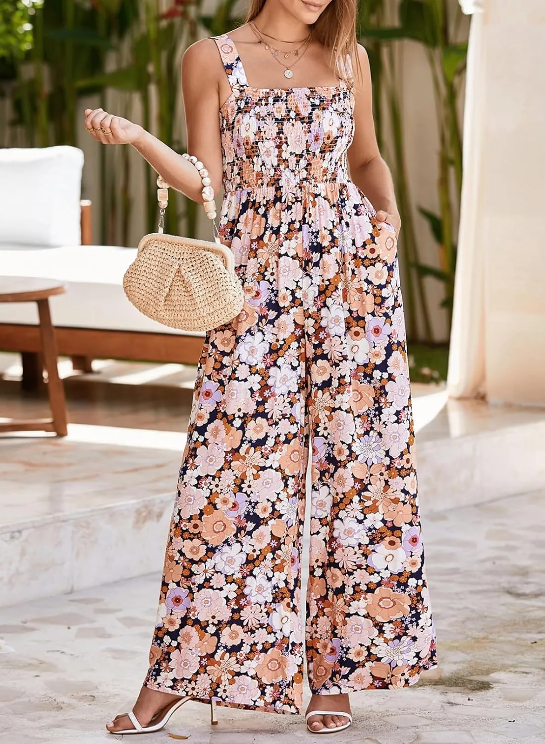 Happy Sailed Jumpsuits for Women Summer Casual Floral Print Sleeveless Jumpsuit High Waist Wide Leg Pants Romper with Pockets