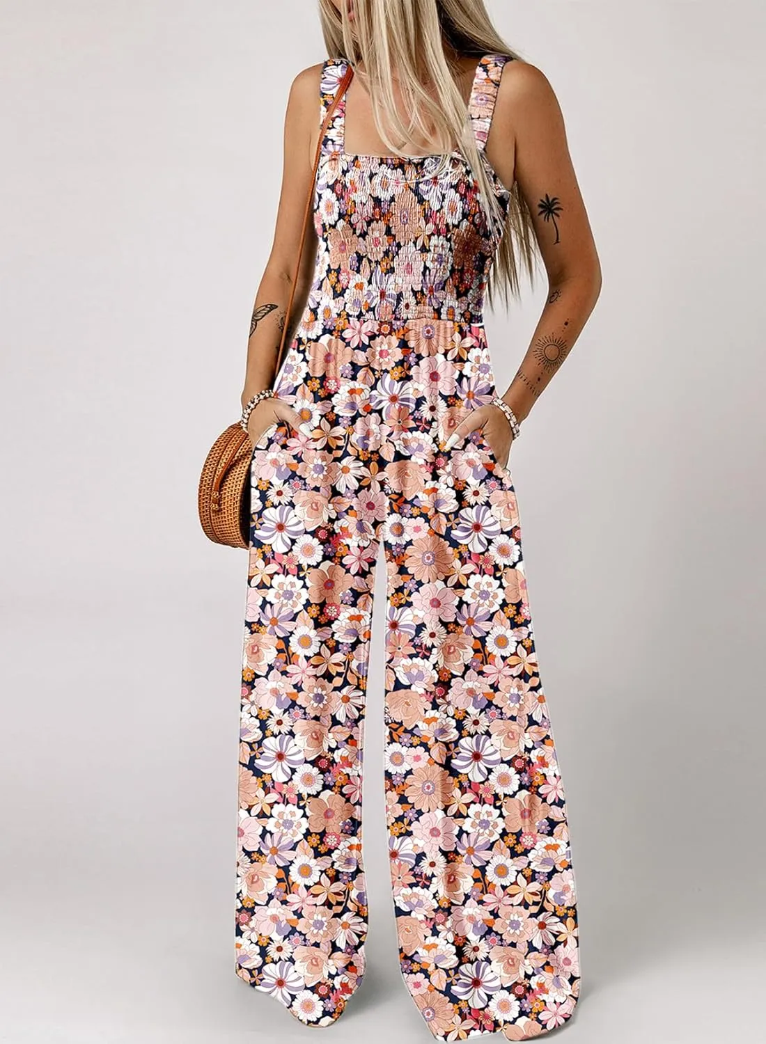 Happy Sailed Jumpsuits for Women Summer Casual Floral Print Sleeveless Jumpsuit High Waist Wide Leg Pants Romper with Pockets