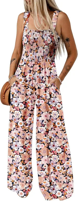 Happy Sailed Jumpsuits for Women Summer Casual Floral Print Sleeveless Jumpsuit High Waist Wide Leg Pants Romper with Pockets