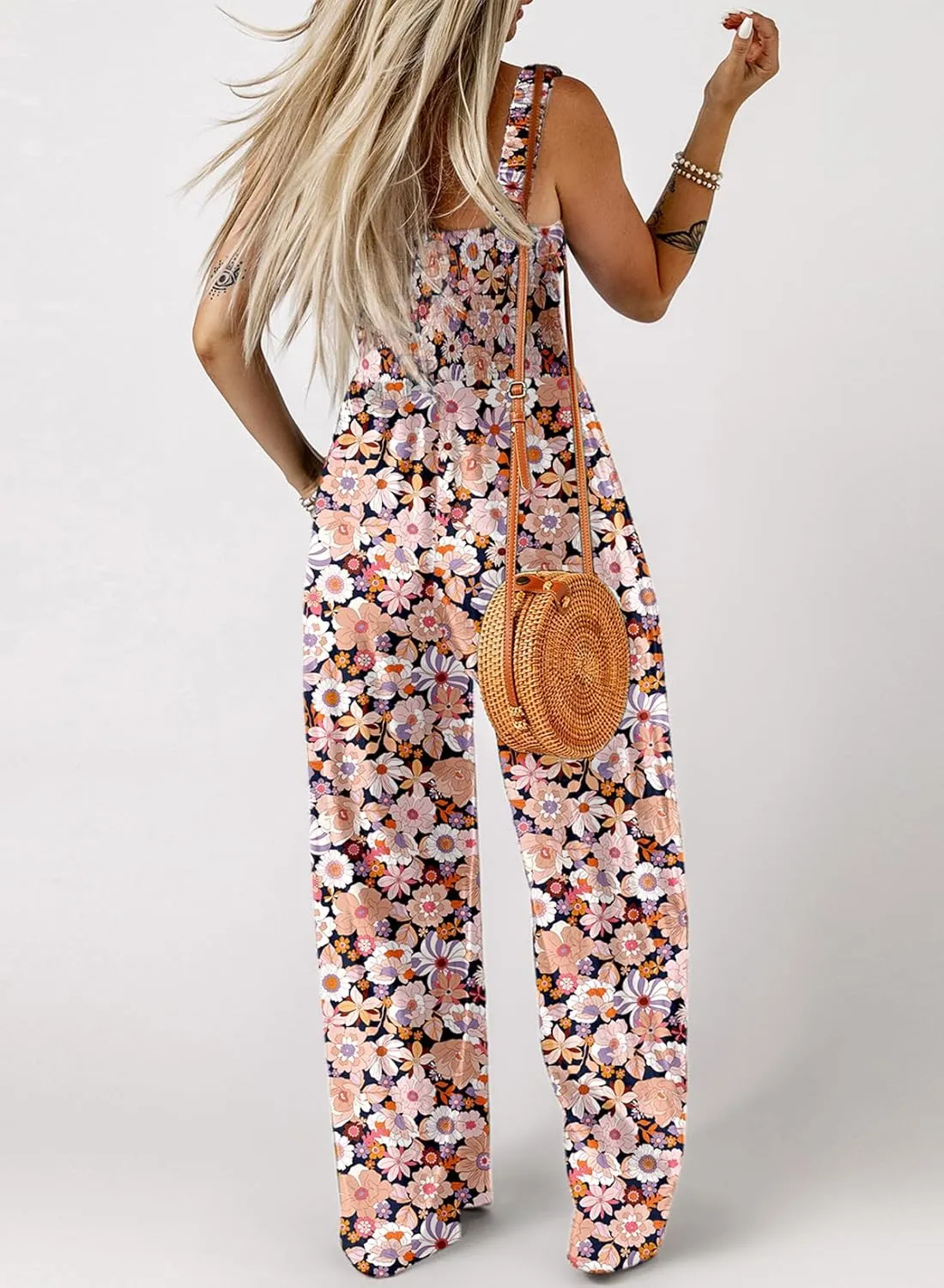 Happy Sailed Jumpsuits for Women Summer Casual Floral Print Sleeveless Jumpsuit High Waist Wide Leg Pants Romper with Pockets