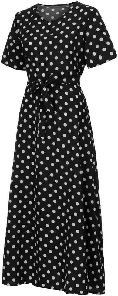 HGOOGY Boho Maxi Dresses for Women 2023 Ruched Flowy Polka Dot Dress Plus Size Modest Long Slim Fit A-Line Sundress