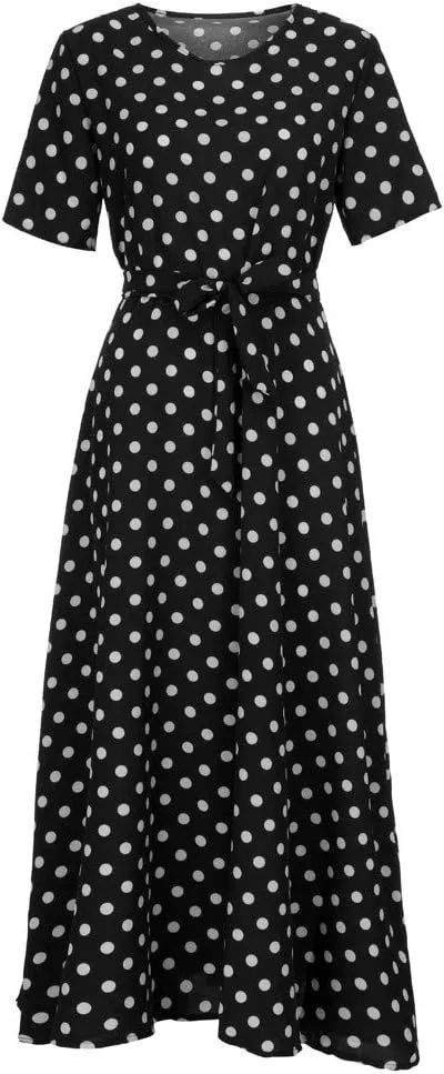 HGOOGY Boho Maxi Dresses for Women 2023 Ruched Flowy Polka Dot Dress Plus Size Modest Long Slim Fit A-Line Sundress