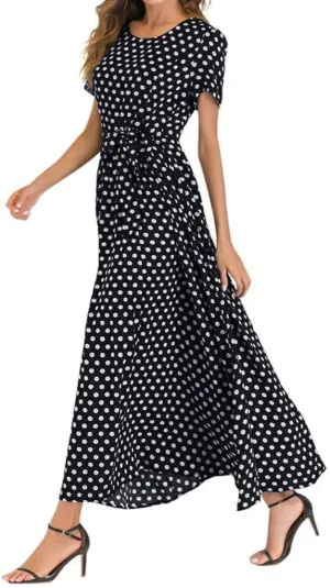 HGOOGY Boho Maxi Dresses for Women 2023 Ruched Flowy Polka Dot Dress Plus Size Modest Long Slim Fit A-Line Sundress