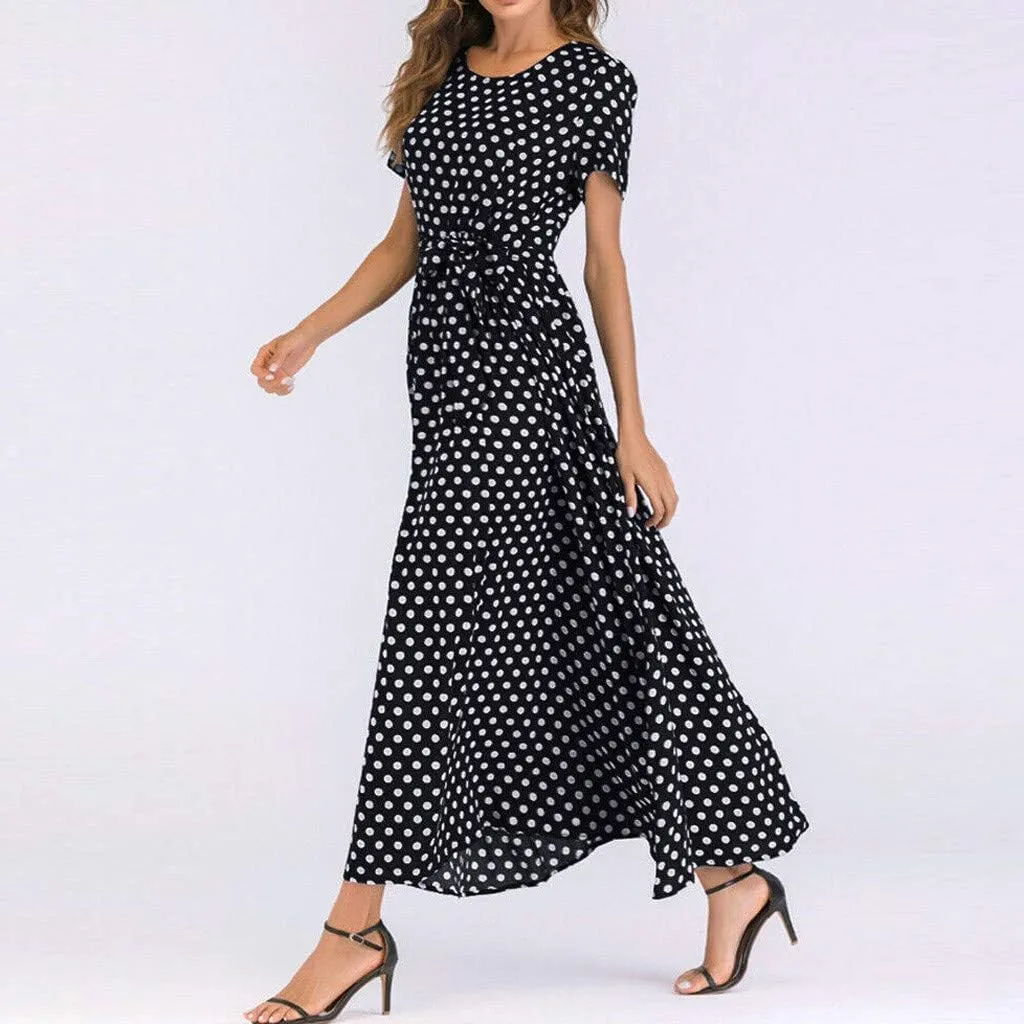 HGOOGY Boho Maxi Dresses for Women 2023 Ruched Flowy Polka Dot Dress Plus Size Modest Long Slim Fit A-Line Sundress