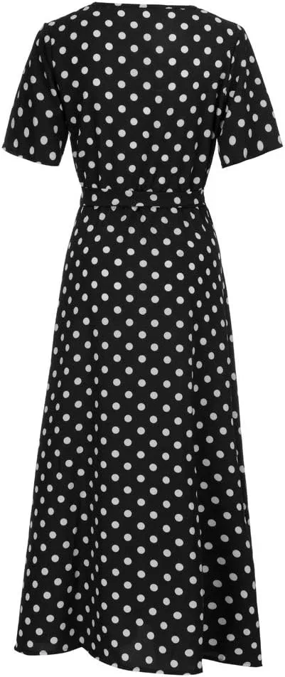 HGOOGY Boho Maxi Dresses for Women 2023 Ruched Flowy Polka Dot Dress Plus Size Modest Long Slim Fit A-Line Sundress