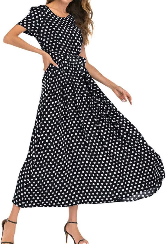 HGOOGY Boho Maxi Dresses for Women 2023 Ruched Flowy Polka Dot Dress Plus Size Modest Long Slim Fit A-Line Sundress