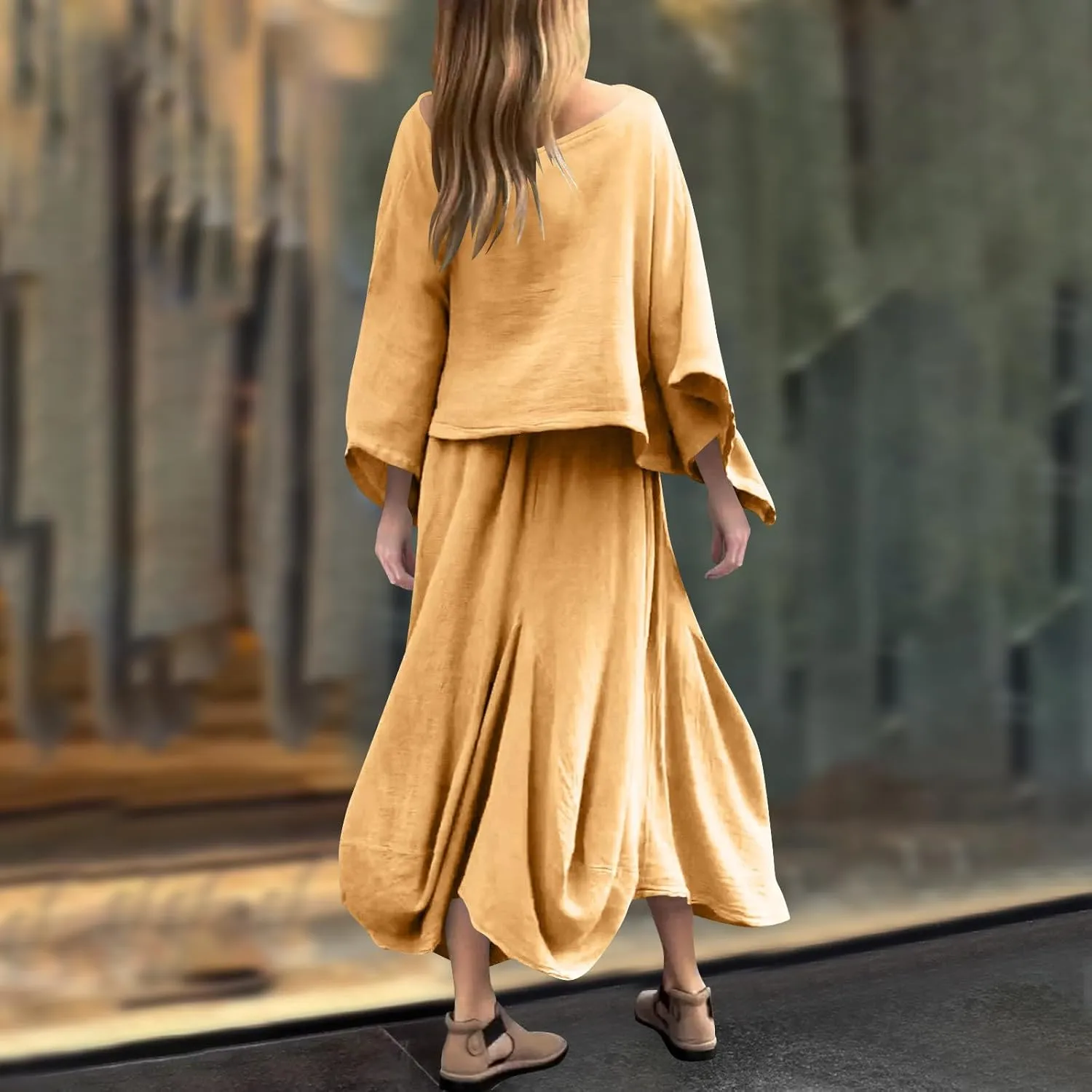 HGps8w Two Piece Outfits for Women - Chic Batwing Cloak Blouses with Irregualr Maxi Skirt Streetwear Sets with Pockets