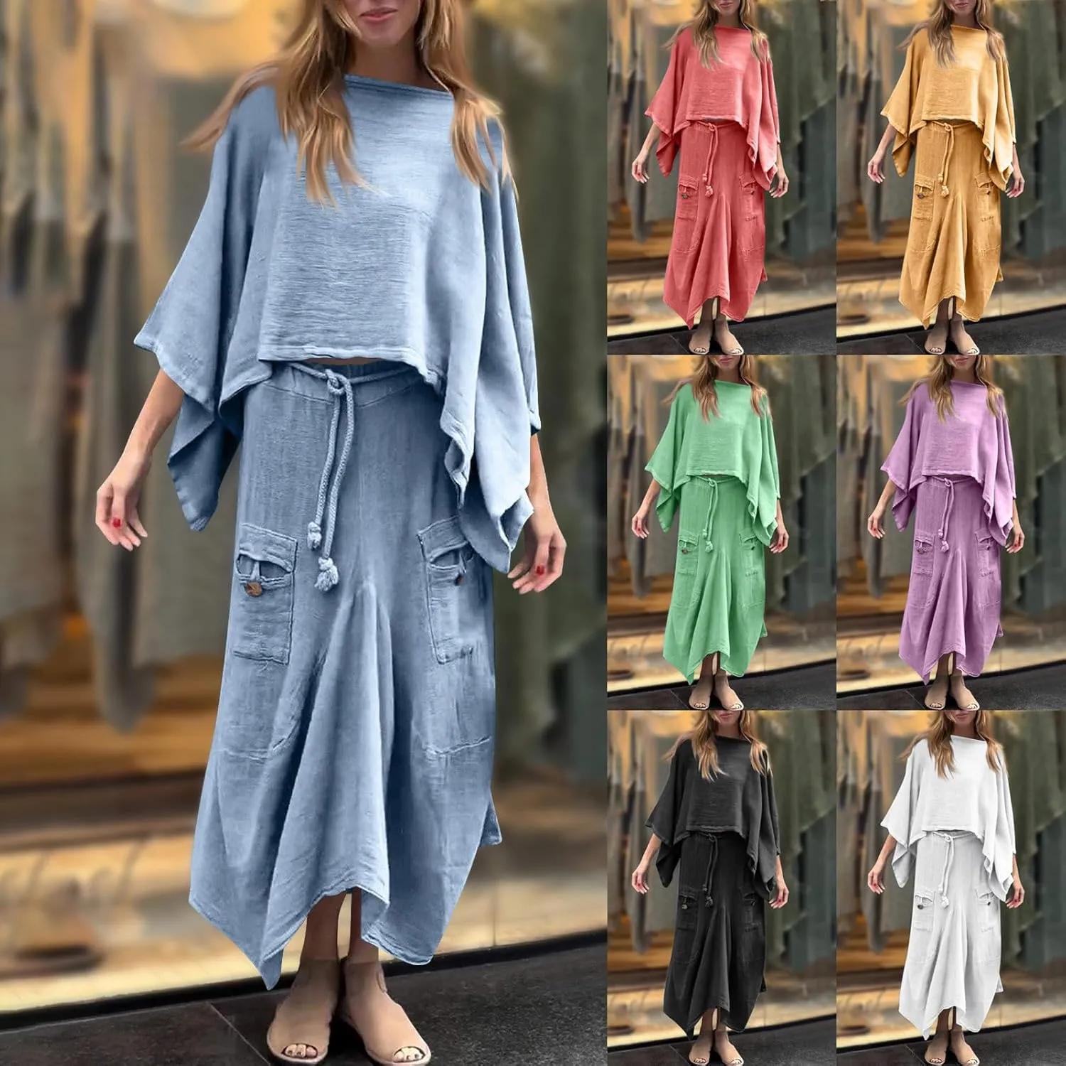 HGps8w Two Piece Outfits for Women - Chic Batwing Cloak Blouses with Irregualr Maxi Skirt Streetwear Sets with Pockets