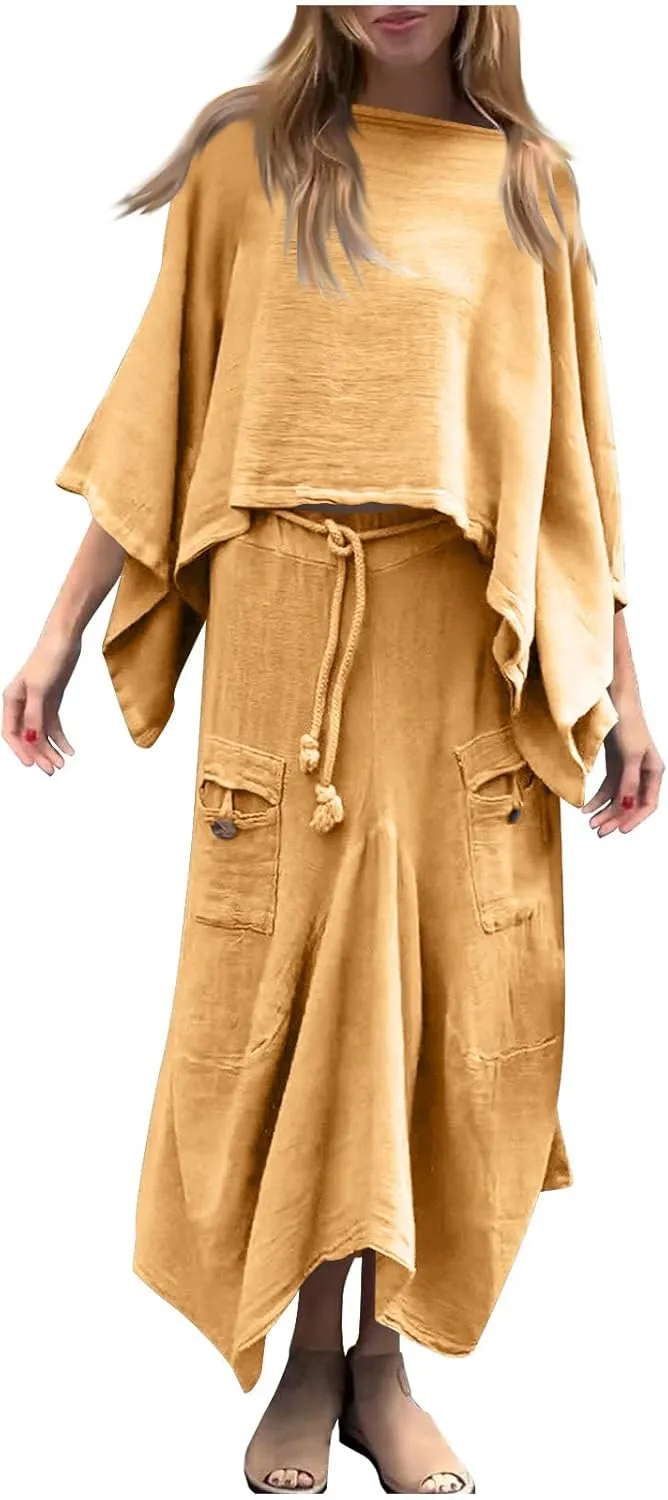 HGps8w Two Piece Outfits for Women - Chic Batwing Cloak Blouses with Irregualr Maxi Skirt Streetwear Sets with Pockets