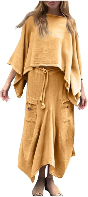 HGps8w Two Piece Outfits for Women - Chic Batwing Cloak Blouses with Irregualr Maxi Skirt Streetwear Sets with Pockets