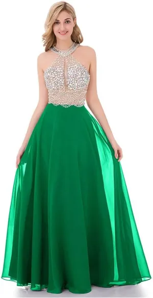 Honeydress Women's Beaded Halter Party Prom Dresses Long Chiffon Evening Gown Rhinestones Sleeveless