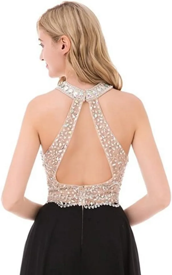 Honeydress Women's Beaded Halter Party Prom Dresses Long Chiffon Evening Gown Rhinestones Sleeveless
