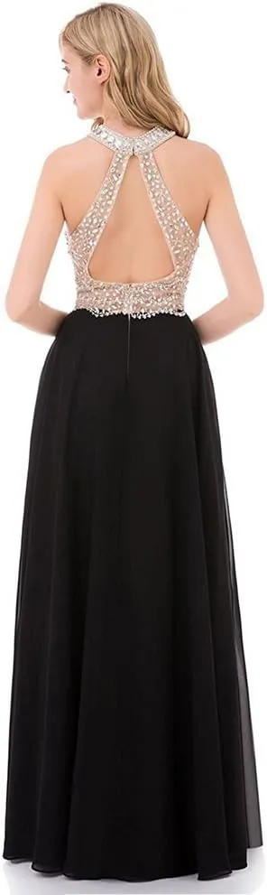 Honeydress Women's Beaded Halter Party Prom Dresses Long Chiffon Evening Gown Rhinestones Sleeveless