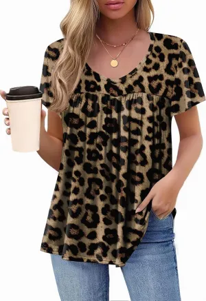 HOTOUCH Womens Ruffle Sleeve Tunic Tops Pleated V Neck Loose Fit Short Sleeve Shirts Summer Floral Casual Boho Blouses