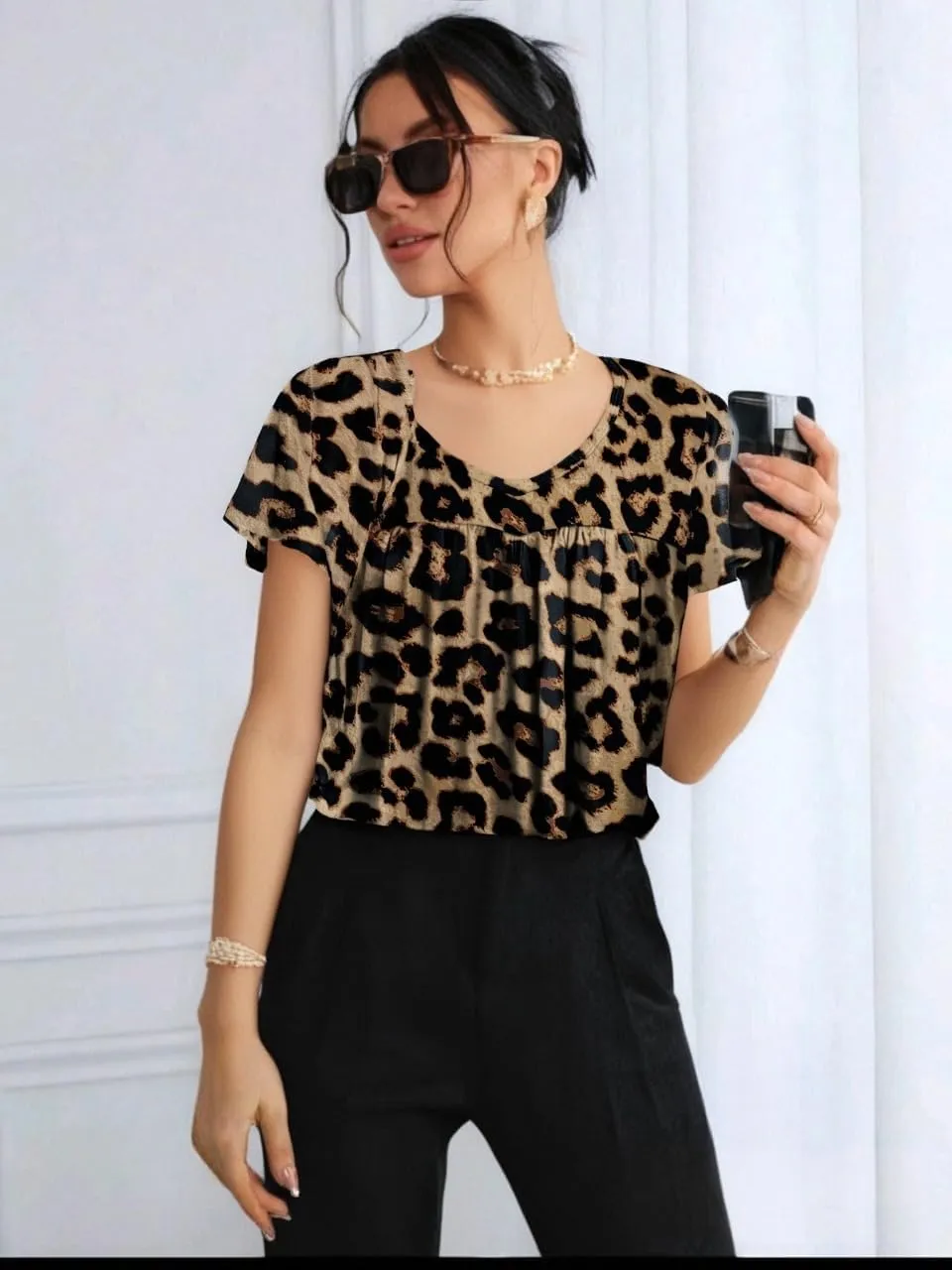 HOTOUCH Womens Ruffle Sleeve Tunic Tops Pleated V Neck Loose Fit Short Sleeve Shirts Summer Floral Casual Boho Blouses