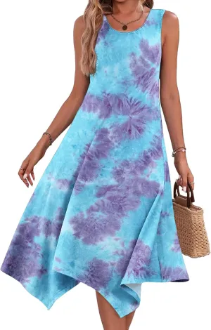 HOTOUCH Women's Summer Casual Sleeveless O Neck Loose Dress Beach Cover Up Long Cami Maxi Dresses with Pocket Tie Dye Large
