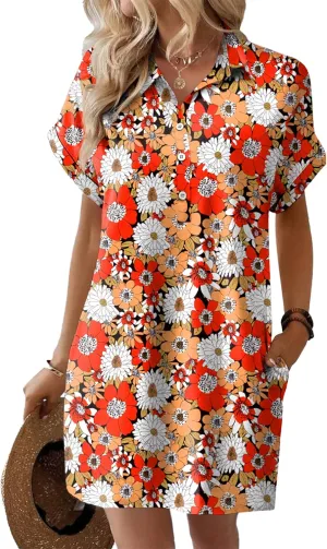 HOTOUCH Womens Summer Shirt Dress Short Sleeve Floral Shift Dresses Casual Loose Flowy Beach Sundress with Pockets