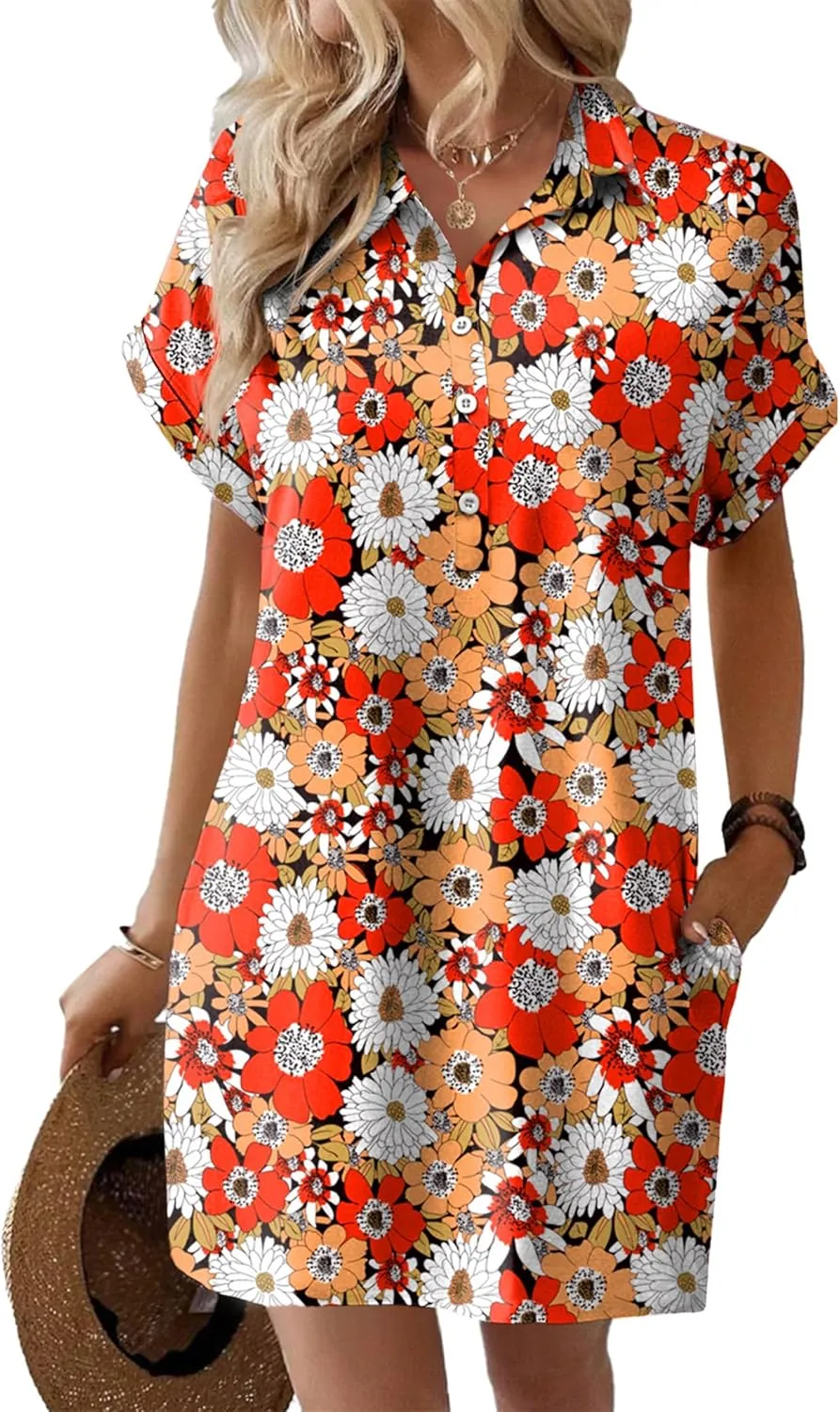 HOTOUCH Womens Summer Shirt Dress Short Sleeve Floral Shift Dresses Casual Loose Flowy Beach Sundress with Pockets