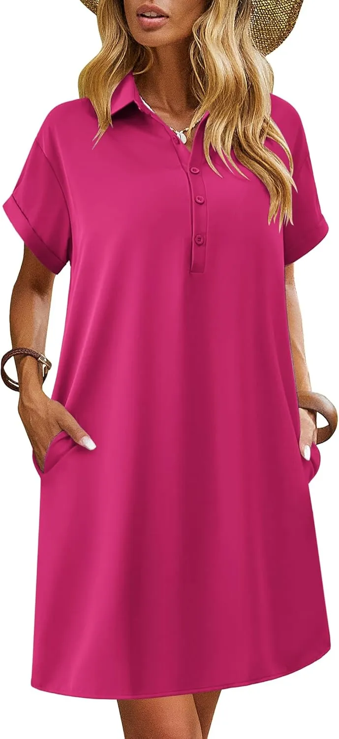 HOTOUCH Womens Summer Shirt Dress Short Sleeve Floral Shift Dresses Casual Loose Flowy Beach Sundress with Pockets