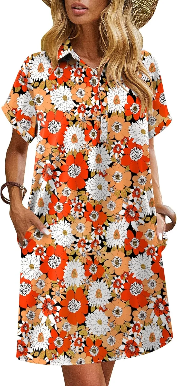 HOTOUCH Womens Summer Shirt Dress Short Sleeve Floral Shift Dresses Casual Loose Flowy Beach Sundress with Pockets
