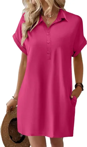 HOTOUCH Womens Summer Shirt Dress Short Sleeve Floral Shift Dresses Casual Loose Flowy Beach Sundress with Pockets