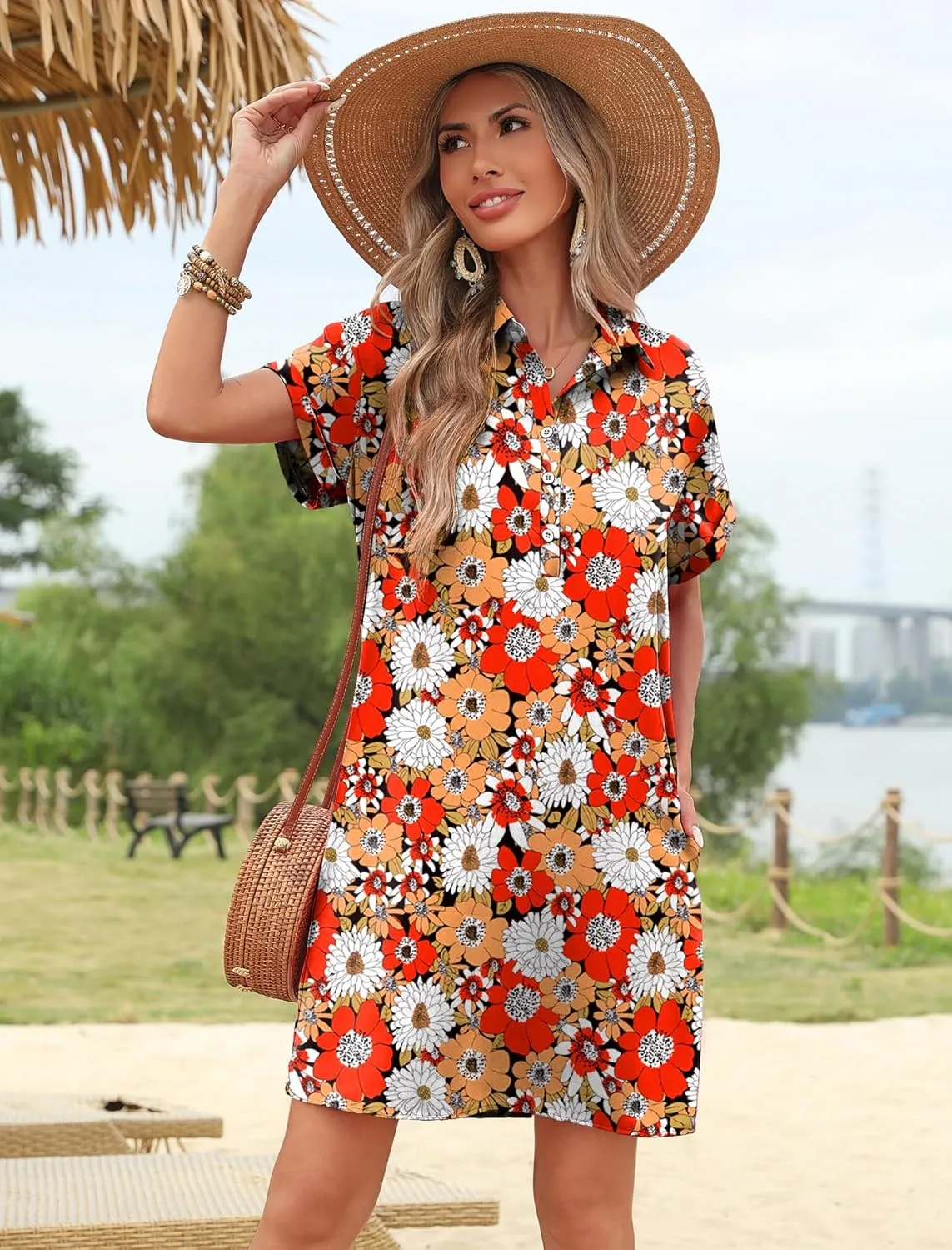 HOTOUCH Womens Summer Shirt Dress Short Sleeve Floral Shift Dresses Casual Loose Flowy Beach Sundress with Pockets