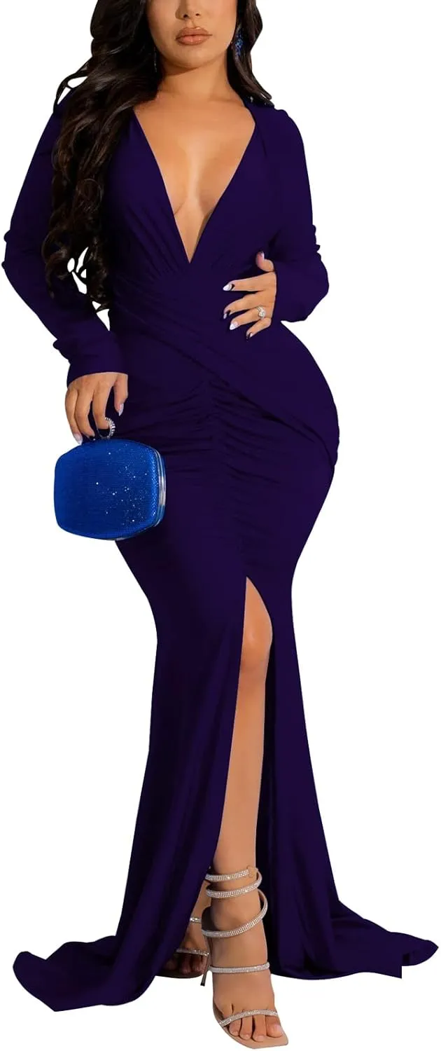 HugeNice Colorful Maxi Dresses for Women Sexy Long Sleeve Deep V Neck Bodycon Floor Length Dress