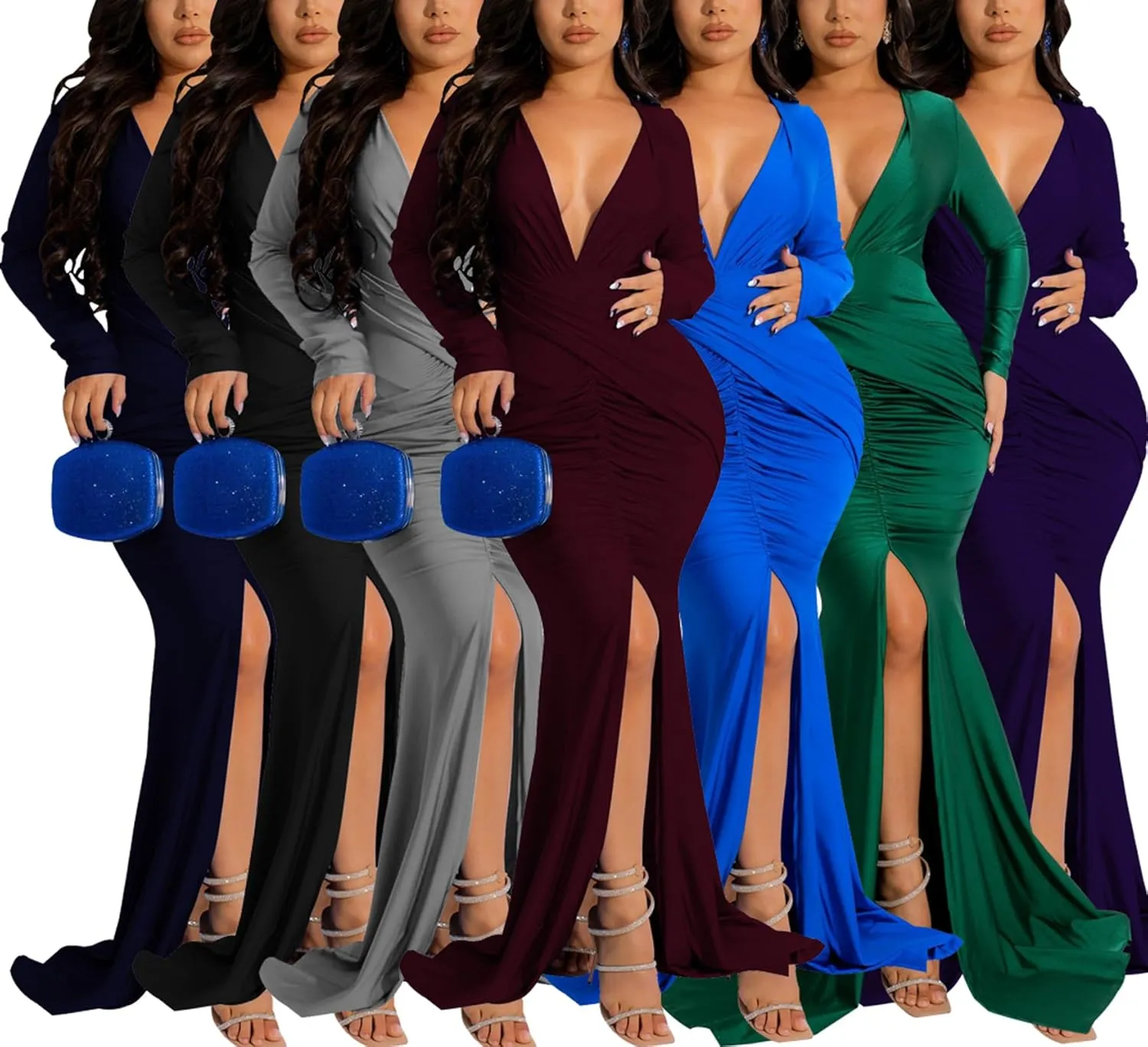 HugeNice Colorful Maxi Dresses for Women Sexy Long Sleeve Deep V Neck Bodycon Floor Length Dress